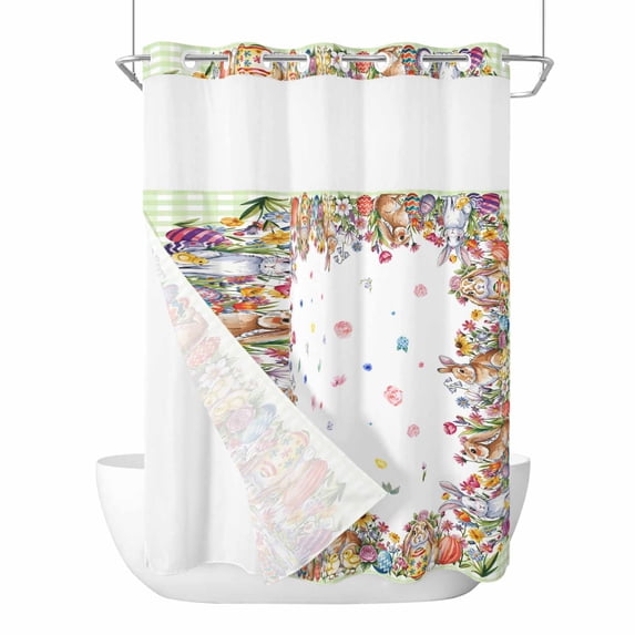 Easter Rabbits No Hooks Shower Curtain with Snap-in Liner Watercolor Spring Eggs Floral Green Plaid Shower Curtains for Bathroom, Waterproof, Easy Install, Washable 72"x96"