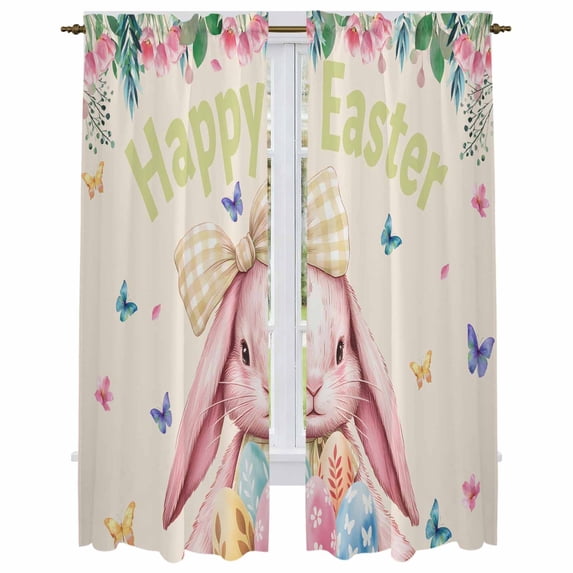 Easter Rabbits Kitchen Curtain for Berdoom Living Room Cafe 72 Inch Length, Cute Bunny Eggs Butterflies Floral Leaf Beige Tiers Curtains Light Filtering Drapes Window Treatment 2 Panels 52"Wx72"L