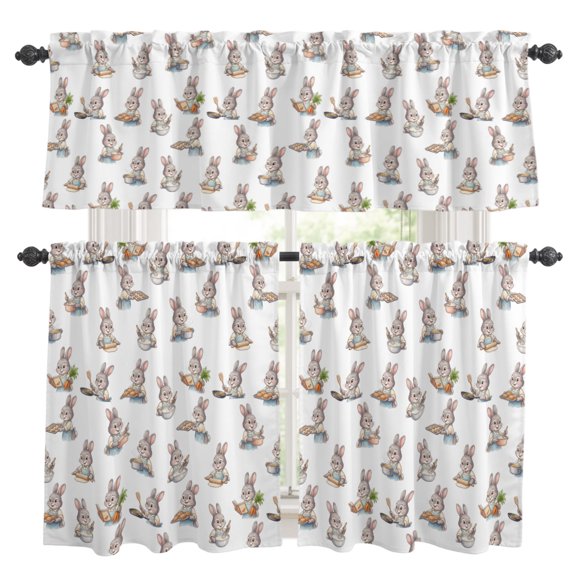 Easter Rabbits Kitchen Curtains Set for Windows, Watercolor Radish Cooking Carrots Abstract Farm Curtains Valance and Tier 3 Piece Set Small Drapes 36 Inch Length for Kitchen Bedroom Decor