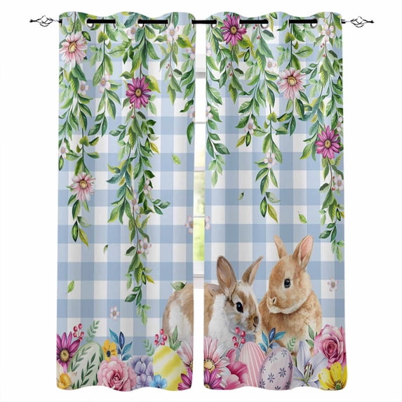 Easter Rabbits Kitchen Curtains Spring Cute Bunny Eggs Flowers Leaf Blue Plaid Cafe Short Curtains for Bathroom Blackout Window Curtain Small Window Treatment Drapes for Bedroom Living Room 42"x45"x2