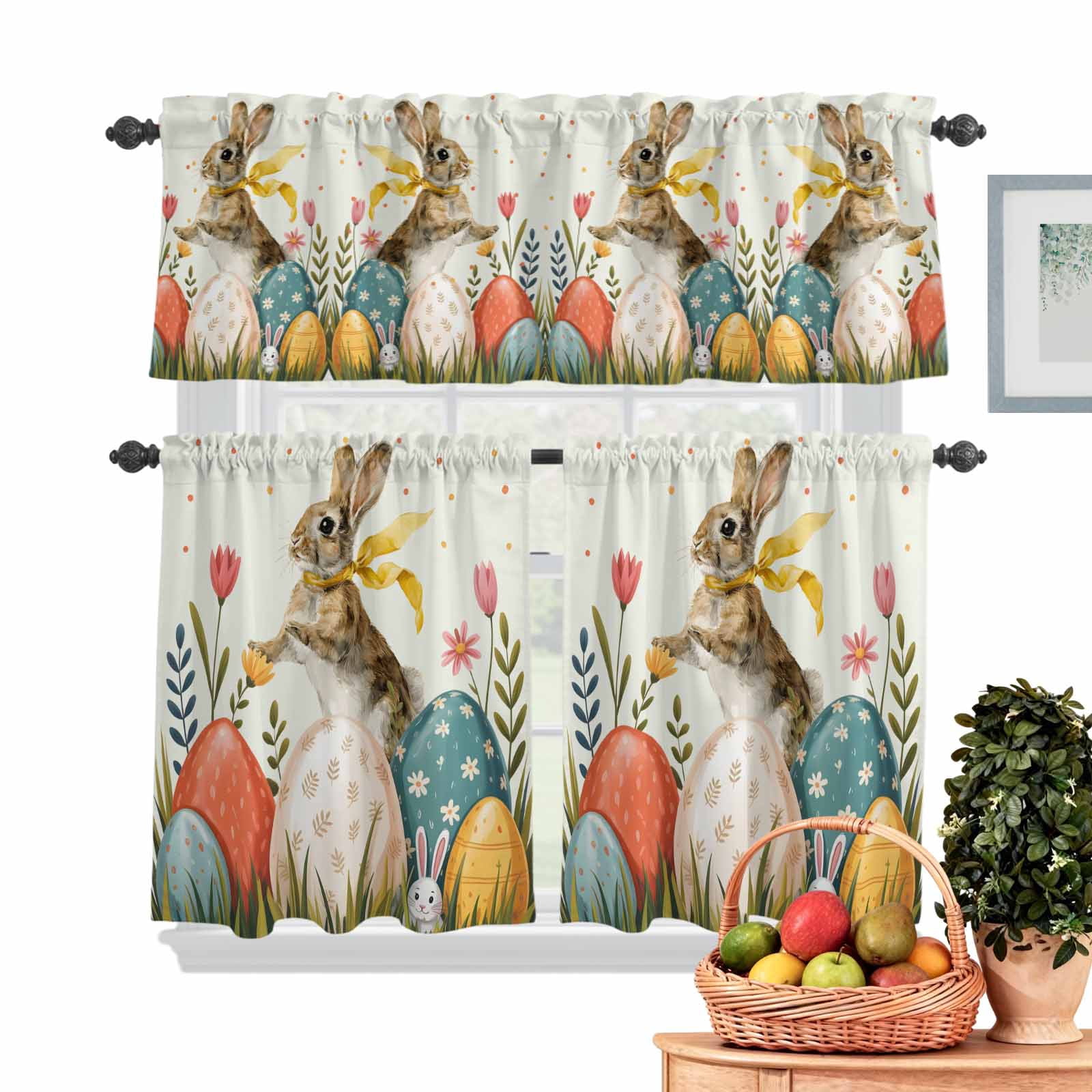 Curated visual reference: Easter Rabbits Kitchen Curtains Valances 3 Piece Set Spring Watercolor Photo Inspiration