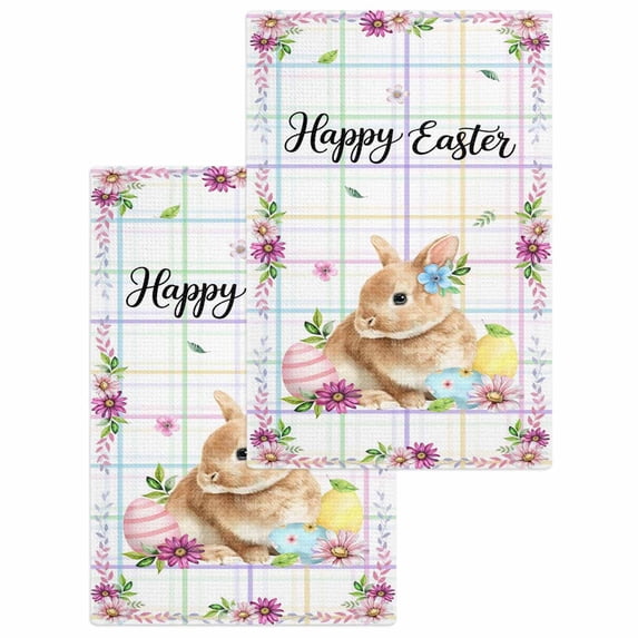 Easter Rabbits Kitchen Dish Towels for Drying Dishes Set of 2, Cute Bunny Faisy Leaf Eggs Spring Colorful Plaid Waffle Weave Microfiber Hand Tea Bathroom Towels Quick Dry & Absorbent Towel 15.7x23.6