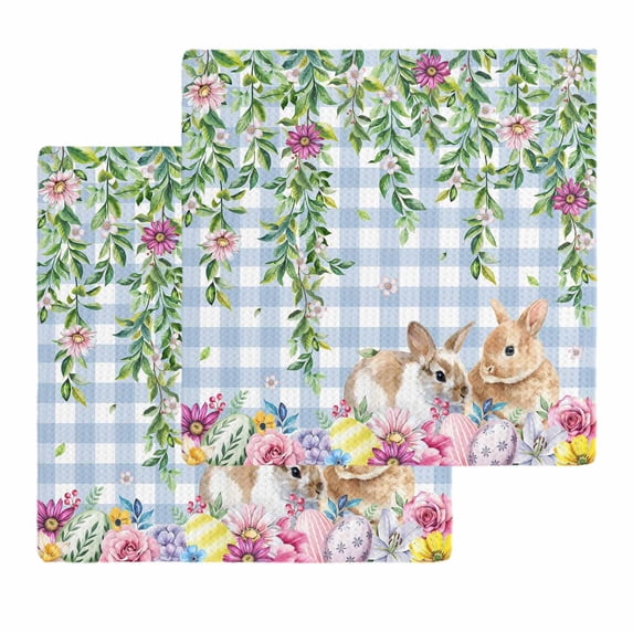 Easter Rabbits Kitchen Dish Towels for Drying Dishes Set of 2, Spring Cute Bunny Eggs Flowers Leaf Blue Plaid Waffle Weave Microfiber Hand Tea Bathroom Towels Quick Dry & Absorbent Towel 12x12