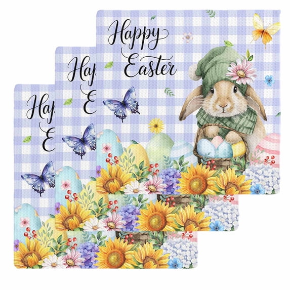 Easter Rabbits Kitchen Dish Towels for Drying Dishes Set of 3, Watercolor Eggs Flowers Butterflies Purple Plaid Waffle Weave Microfiber Hand Tea Bathroom Towels Quick Dry & Absorbent Towel 12x12