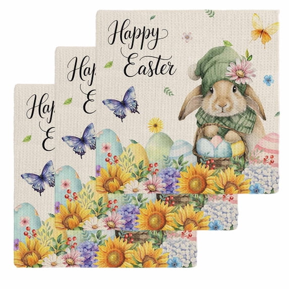 Easter Rabbits Kitchen Dish Towels for Drying Dishes Set of 3, Watercolor Flowers Eggs Butterflies Spring Beige Waffle Weave Microfiber Hand Tea Bathroom Towels Quick Dry & Absorbent Towel 12x12