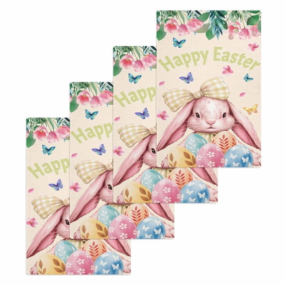 Easter Rabbits Kitchen Dish Towels for Drying Dishes Set of 4, Cute Bunny Eggs Butterflies Floral Leaf Beige Waffle Weave Microfiber Hand Tea Bathroom Towels Quick Dry & Absorbent Towel 15.7x23.6