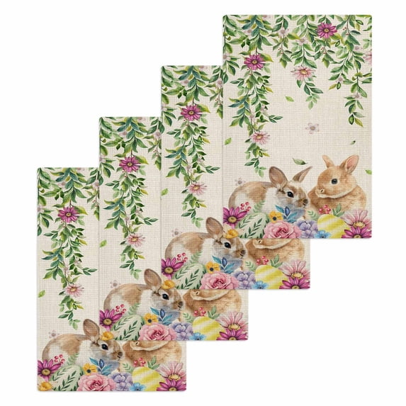 Easter Rabbits Kitchen Dish Towels for Drying Dishes Set of 4, Cute Bunny Eggs Flowers Botanical Spring Beige Waffle Weave Microfiber Hand Tea Bathroom Towels Quick Dry & Absorbent Towel 15.7x23.6