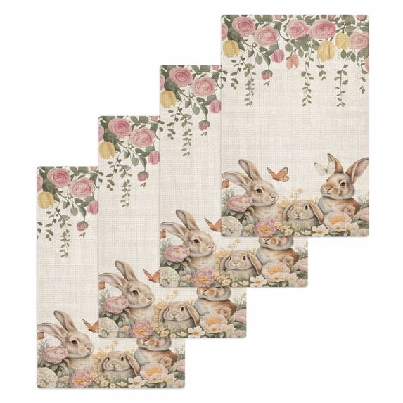 Easter Rabbits Kitchen Dish Towels for Drying Dishes Set of 4, Spring Flowers Butterfly Bunny Plants Beige Waffle Weave Microfiber Hand Tea Bathroom Towels Quick Dry & Absorbent Towel 15.7x23.6