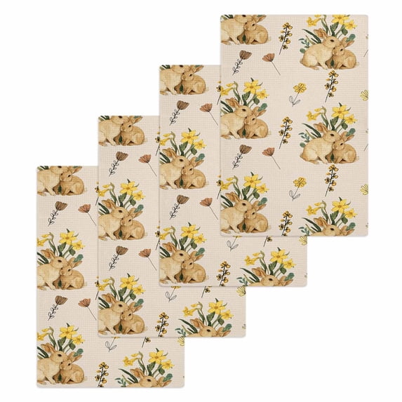 Easter Rabbits Kitchen Dish Towels for Drying Dishes Set of 4, Spring Yellow Flowers Country Plants Vintage Waffle Weave Microfiber Hand Tea Bathroom Towels Quick Dry & Absorbent Towel 15.7x23.6