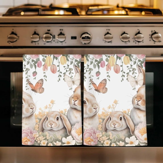 Easter Rabbits Kitchen Towels Set of 1, Watercolor Floral Cute Bunny Plants Spring Absorbent Dish Towels for Kitchen, Microfiber Hand Towel, Quick Drying Tea Towel for Cleaning Decorative Dishcloths