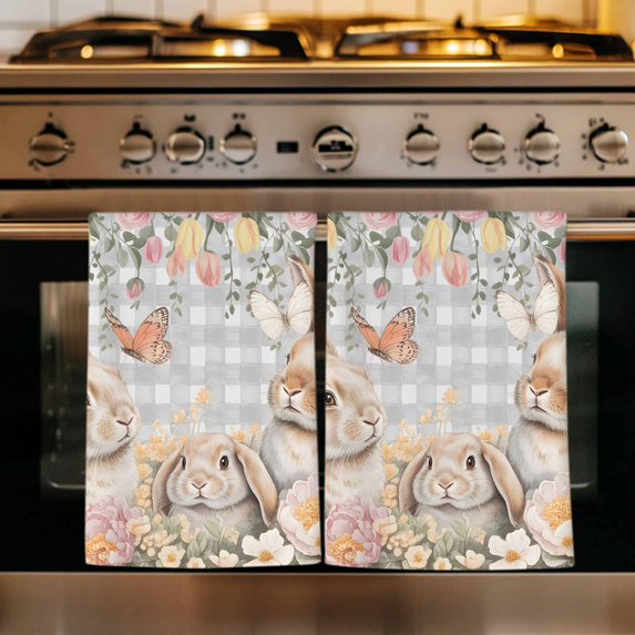 Easter Rabbits Kitchen Towels Set of 2, Spring Floral Butterfly Animal Gray Plaid Absorbent Dish Towels for Kitchen, Microfiber Hand Towel, Quick Drying Tea Towel for Cleaning Decorative Dishcloths