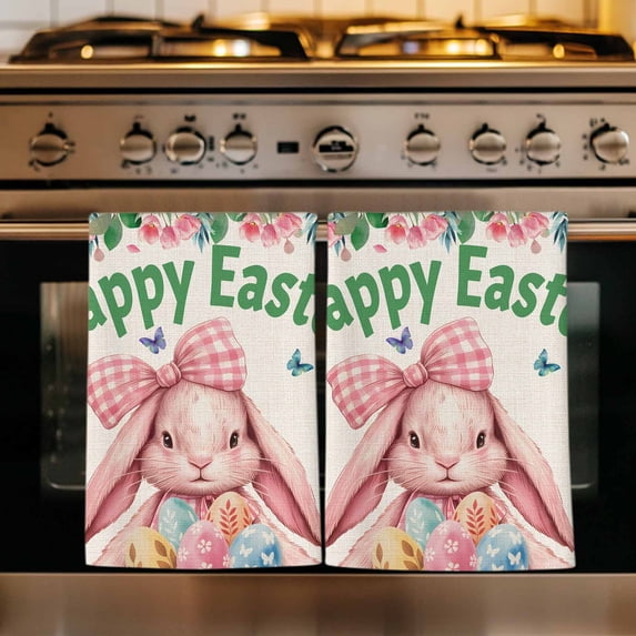 Easter Rabbits Kitchen Towels Set of 3, Spring Floral Eggs Butterflies Bunny Leaf Beige Absorbent Dish Towels for Kitchen, Microfiber Hand Towel, Quick Drying Tea Towel for Cleaning Dishcloths
