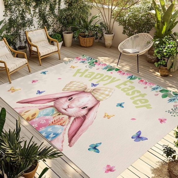 Easter Rabbits Outdoor Rug for Patio/Deck/Porch, Non-Slip Large Area Rug 3 x 5 Ft, Cute Bunny Eggs Butterflies Floral Leaf Beige Indoor Outdoor Rugs Washable Area Rugs, Camping Rug Carpet Runner