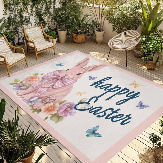 Easter Rabbits Outdoor Rug for Patio/Deck/Porch, Non-Slip Large Area Rug 4 x 6 Ft, Spring Floral Cute Bunny Butterflies Pink Indoor Outdoor Rugs Washable Area Rugs, Camping Rug Carpet Runner