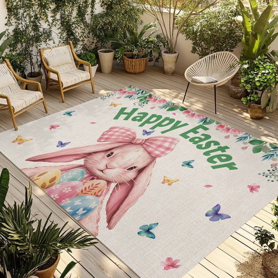 Easter Rabbits Outdoor Rug for Patio/Deck/Porch, Non-Slip Large Area Rug 5 x 7 Ft, Spring Floral Eggs Butterflies Bunny Leaf Beige Indoor Outdoor Rugs Washable Area Rugs, Camping Rug Carpet Runner
