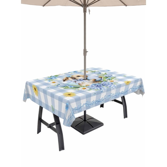 Easter Rabbits Outdoor Tablecloth - 54x80 Inch Rectangle Dining Table Cover, Spring Eggs Tulips Daisy Wreath Bunny Blue Plaid Waterproof Outdoor Table Cloth with Umbrella Hole & Zipper for Patio