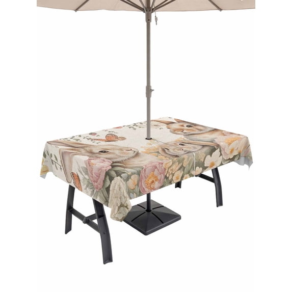 Easter Rabbits Outdoor Tablecloth - 54x80 Inch Rectangle Dining Table Cover, Spring Flowers Butterfly Bunny Plants Beige Waterproof Outdoor Table Cloth with Umbrella Hole & Zipper for Picnic/Patio