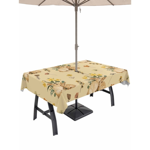 Easter Rabbits Outdoor Tablecloth - 54x80 Inch Rectangle Dining Table Cover, Spring Yellow Flowers Country Plants Yellow Waterproof Outdoor Table Cloth with Umbrella Hole & Zipper for Picnic/Patio