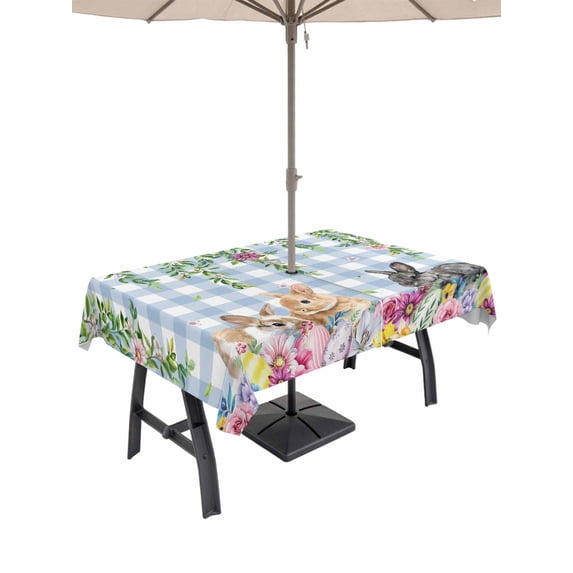 Easter Rabbits Outdoor Tablecloth - 60x120 Inch Rectangle Dining Table Cover, Spring Cute Bunny Eggs Flowers Leaf Blue Plaid Waterproof Outdoor Table Cloth with Umbrella Hole & Zipper for Patio