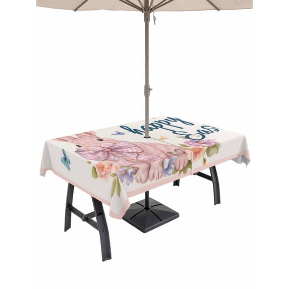 Easter Rabbits Outdoor Tablecloth - 60x120 Inch Rectangle Dining Table Cover, Spring Floral Cute Bunny Butterflies Pink Waterproof Outdoor Table Cloth with Umbrella Hole & Zipper for Picnic/Patio