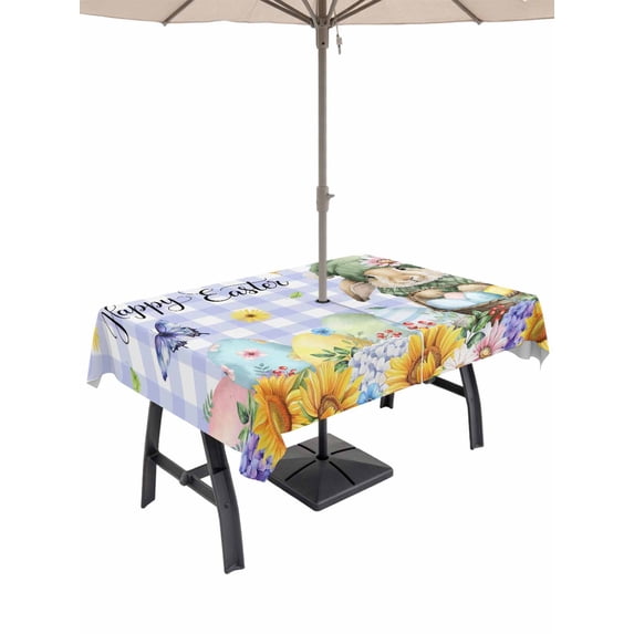 Easter Rabbits Outdoor Tablecloth - 60x120 Inch Rectangle Dining Table Cover, Watercolor Eggs Flowers Butterflies Purple Plaid Waterproof Outdoor Table Cloth with Umbrella Hole & Zipper for Patio