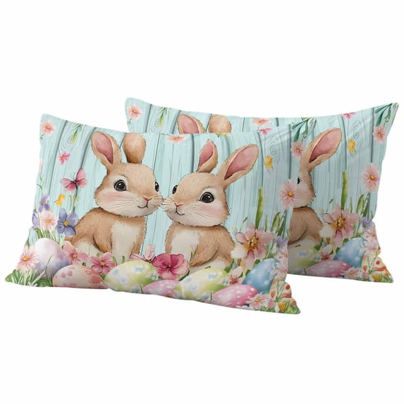 Easter Rabbits Pillow Covers 2 Pack Spring Colored Eggs Floral Green Wood Grain Pillowcase Waterproof Outdoor Throw Pillow Cover for Patio Balcony Rectangular Cushion 20”x12”