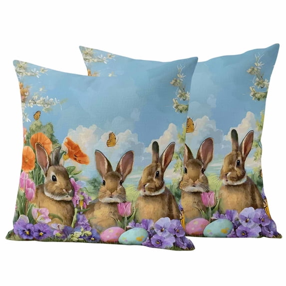 Easter Rabbits Pillow Covers 2 Pack Watercolor Spring Eggs Floral Blue Sky Grass Pillowcase Waterproof Outdoor Throw Pillow Cover for Patio Garden Square Cushion 18”x18”