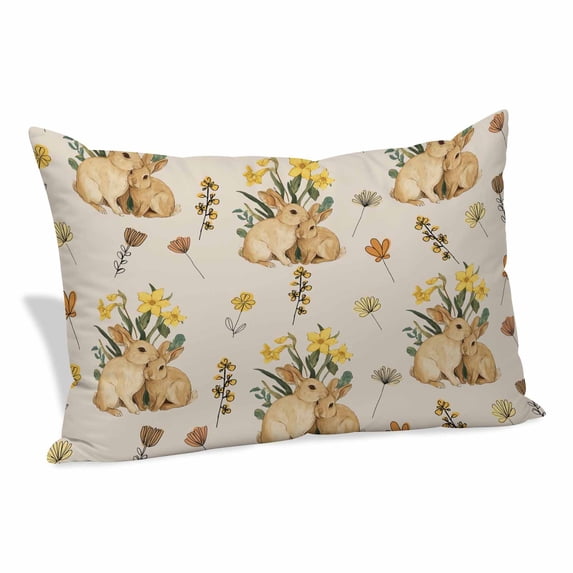 Easter Rabbits Pillow Covers, Linen Long Throw Pillow Case, Spring Yellow Flowers Country Plants Vintage Holiday Pillow Protector Decorative Cushion Cover for Living Room/Bedroom 20" x 30"