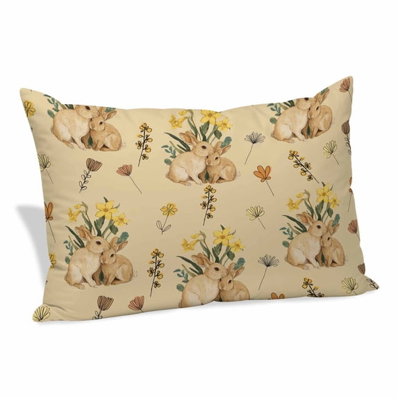 Easter Rabbits Pillow Covers, Linen Long Throw Pillow Case, Spring Yellow Flowers Country Plants Yellow Holiday Pillow Protector Decorative Cushion Cover for Living Room/Bedroom 20" x 36"