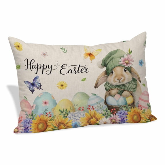 Easter Rabbits Pillow Protectors with Zipper Standard Size, Watercolor Flowers Eggs Butterflies Spring Beige Soft Brushed Microfiber Breathable Throw Pillow Covers, Pillowcase for Couch Sofa 20"x26"