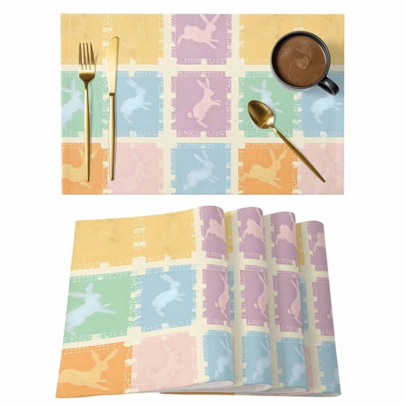 Easter Rabbits Placemats Set of 6, Vintage Purple Blue Green Orange Rabbit Silhouette Plaid Beige Non-Slip Place Mats Washable Table Mats for Kitchen Dining Table Decorations Indoor/Outdoor
