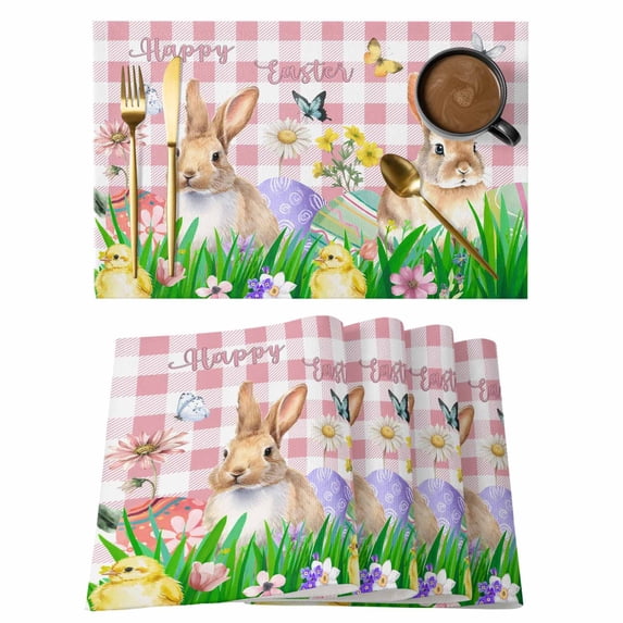 Easter Rabbits Placemats Set of 6, Watercolor Colorful Eggs Floral Grass Butterfly Pink Plaid Non-Slip Place Mats Washable Table Mats for Kitchen Dining Table Decorations Indoor/Outdoor