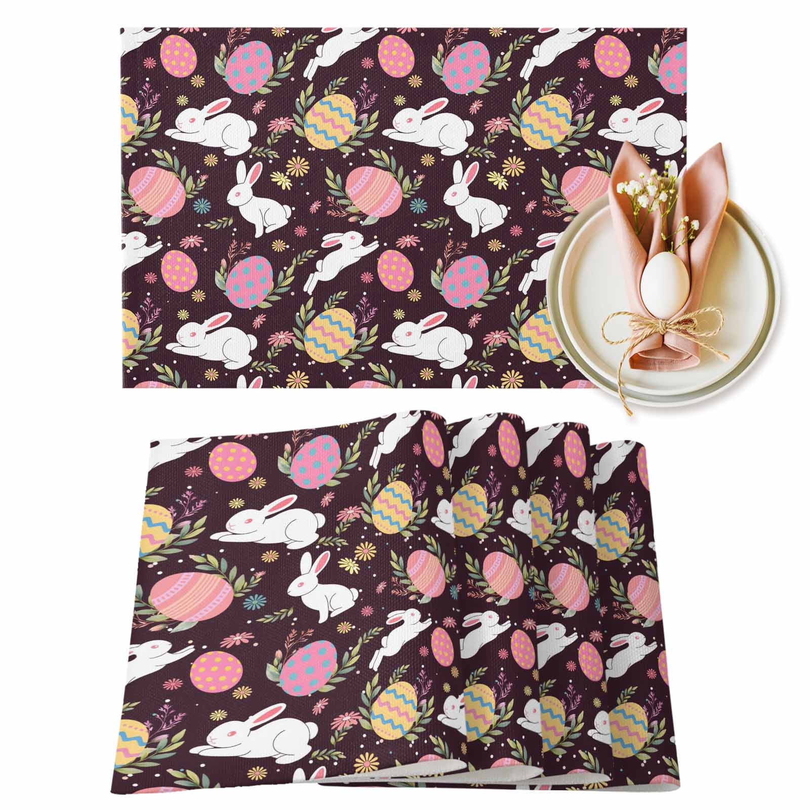Pink Rabbit Mat Easter Rabbits Placemats Set of 6, Watercolor Yellow Pink Eggs Bunny ...