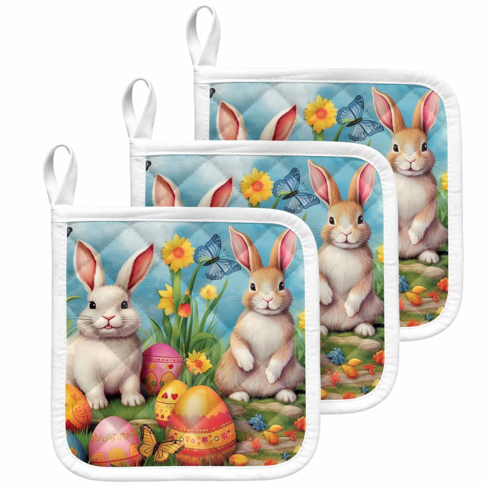 Easter Rabbits, Pot Holders for Kitchen Heatproof Potholder, 3 Pack Easter Bunny Egg Watercolor Floral Hot Pads Multipurpose Oven Pads Cloth Potholders Trivet for Cooking Baking