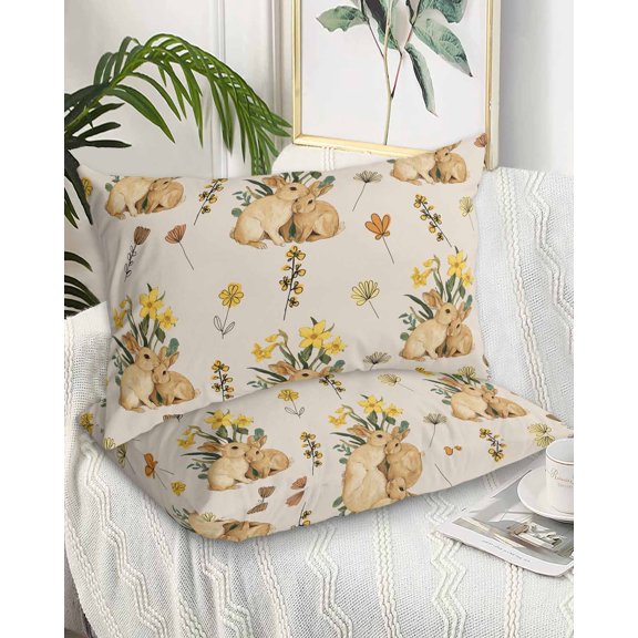 Easter Rabbits Queen Pillow Cases Set of 2 - Microfiber Bed Throw Pillow Covers, Spring Yellow Flowers Country Plants Vintage Decorative Lumbar Pillow Cover with Envelope Closure for Sofa 20"x30"