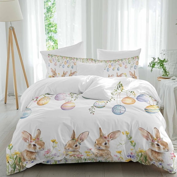 Easter Rabbits Queen Size 4 piece Duvet Cover Set,3 Comfort Bedding Set, Include a Duvet Cover,a Bed Sheet, 2 Pillowcase with Zipper for All Season