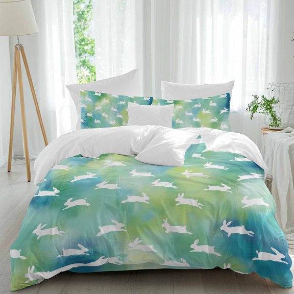 Easter Rabbits Queen Size 4 piece Duvet Cover Set,3 Comfort Bedding Set, Include a Duvet Cover,a Bed Sheet, 2 Pillowcase with Zipper for All Season