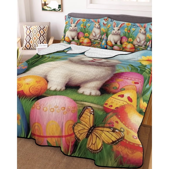 Easter Rabbits, Queen Size Down Alternative Comforter, Lightweight Comforter Quilt Bedding Set with Pillow Shams Easter Bunny Egg Watercolor Floral All Seasons Bed Comforter Duvet Insert 90"x96"