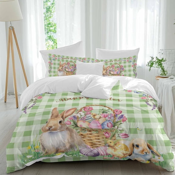 Easter Rabbits Queen Size Comforter Set, Colorful Egg Floral in Basket Grass Green Plaid Bedding for All Seasons, 4 Pcs Bed Set, 1Quiltcover (90"x92") ,1Sheet(94"x116"), 2Pillowcases (30"x20")