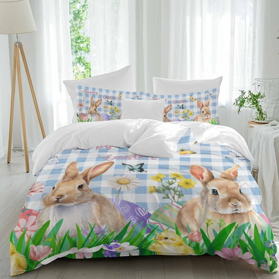 Easter Rabbits Queen Size Comforter Set, Colorful Eggs Floral Grass Butterfly Blue Plaid Bedding for All Seasons, 4 Pcs Bed Set, 1Quiltcover (90"x92") ,1Sheet(94"x116"), 2Pillowcases (30"x20")