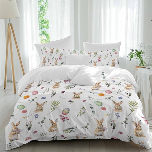 Easter Rabbits Queen Size Comforter Set, Colorful Eggs Leaf Floral Spring Bedding for All Seasons, 4 Pcs Bed Set, 1Quiltcover (90"x92") ,1Sheet(94"x116"), 2Pillowcases (30"x20")