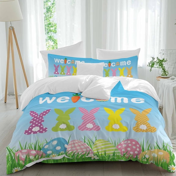 Easter Rabbits Queen Size Comforter Set, Floral Grass Easter Colorful Egg Bunny Silhouette Bedding for All Seasons, 4 Pcs Bed Set, 1Quiltcover (90"x92") ,1Sheet(94"x116"), 2Pillowcases (30"x20")