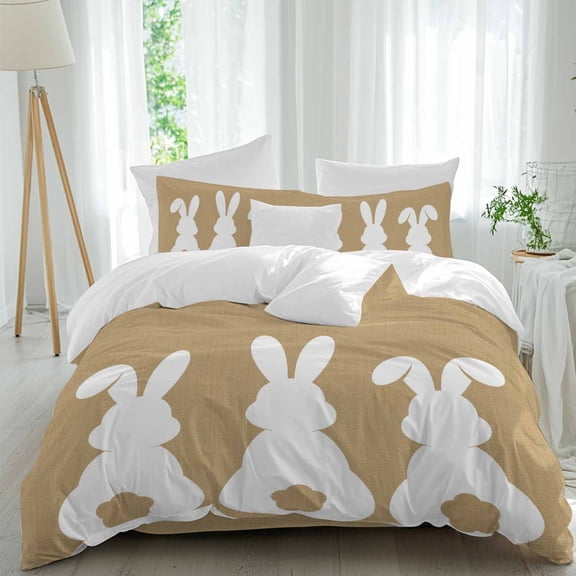 Easter Rabbits Queen Size Comforter Set, Simple Abstract White Bunny Silhouette Animals Yellow Bedding for All Seasons, 4 Pcs Bed Set, 1Quiltcover (90"x92") ,1Sheet(94"x116"), 2Pillowcases (30"x20")