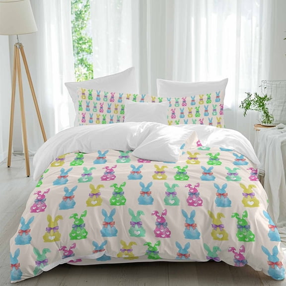 Easter Rabbits Queen Size Comforter Set, Spring Watercolor Colored Bunny Linen Texture Bedding for All Seasons, 4 Pcs Bed Set, 1Quiltcover (90"x92") ,1Sheet(94"x116"), 2Pillowcases (30"x20")