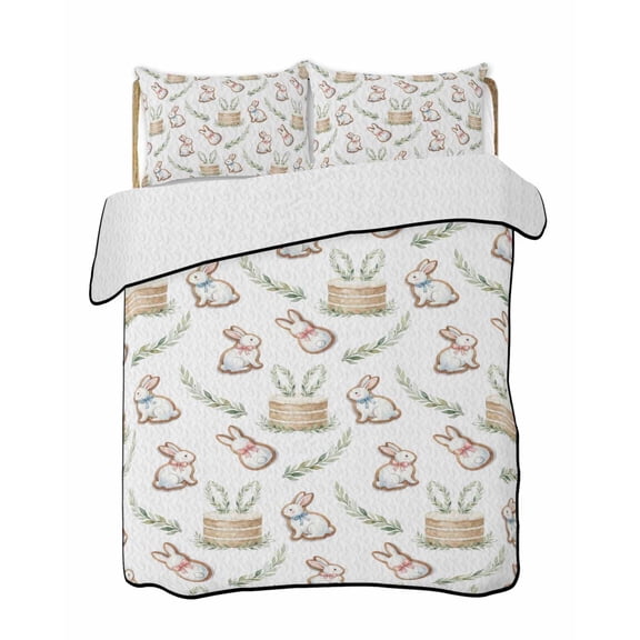 Easter Rabbits Quilts Bedding Set Queen Size Watercolor Cakes Eucalyptus Leaf Abstract Animal Lightweight Quilted Bedspread 3 Piece Bed Quilt with 2 Pillow Shams All Season for Bedroom 78" x 90"