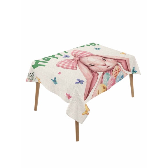Easter Rabbits Rectangle Tablecloth, Spring Floral Eggs Butterflies Bunny Leaf Beige Waterproof & StainResistant Tablecloth, Washable Oil-proof Table Cover for Dining/Party/Wedding/Buffet 60x84 In