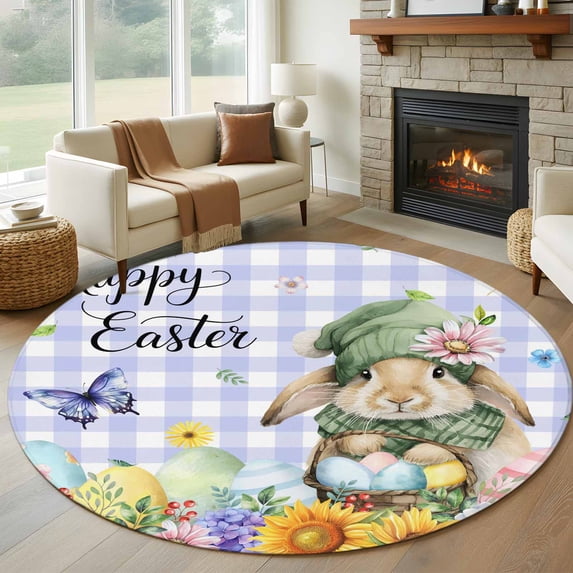 Easter Rabbits Round Area Rug 5Ft Washable Circle Rugs for Living Room Bedroom, Watercolor Eggs Flowers Butterflies Purple Plaid Non-Slip Carpet Floor Mats Indoor Outdoor Carpet Runner Home Decor