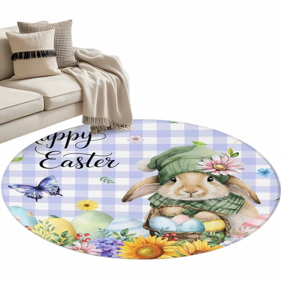 Easter Rabbits Round Area Rugs Collection 4', Watercolor Eggs Flowers Butterflies Purple Plaid Non Slip Indoor Circular Throw Runner Rug Floor Mat Carpet for Living Room Dining Table Bedroom Nursery