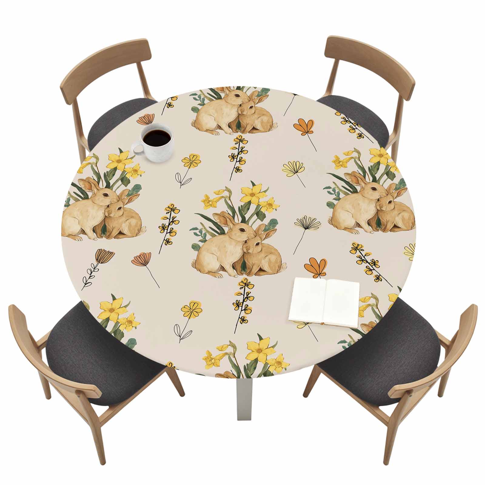 Spring Tablecloth Texture Easter Rabbits Round Fitted Tablecloth with Elastic Edge Spring ...