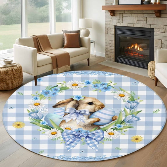 Easter Rabbits Round Rug 6ft Washable Circle Kitchen Rugs Non Slip Spring Eggs Tulips Daisy Wreath Bunny Blue Plaid Large Area Rug Indoor Floor Carpet for Bedroom Living Room Home Office Dining Room